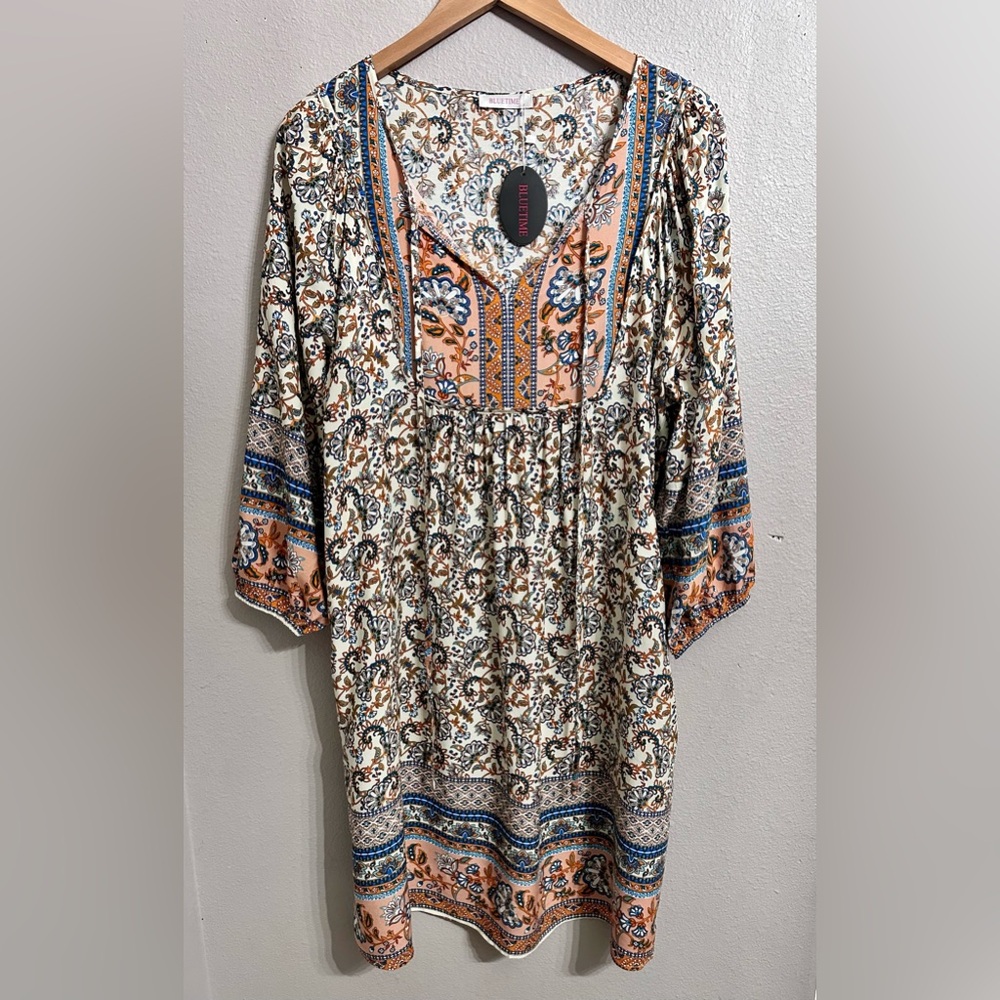 Bluetime Women’s Casual Beach Cover Up Loose A Line Boho VNeck 3/4 Sleeve Size M